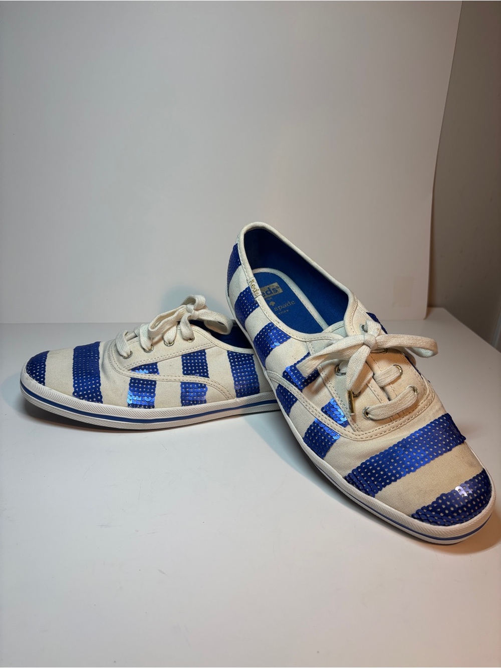 kate spade sequin Blue Striped Canvas Lace-Up Sneakers